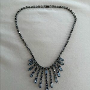 Vintage Blue Rhinestone Fan Necklace – Art Deco Style Statement Piece